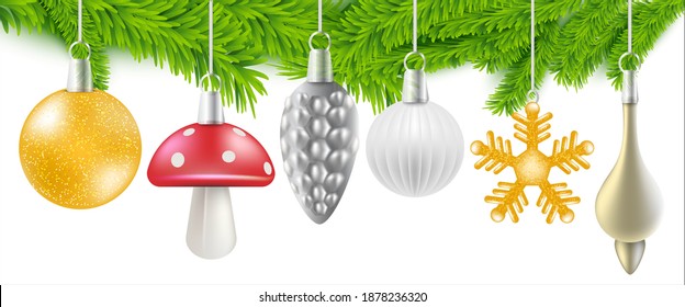 Decorations on the branches of the Christmas tree on white banner background