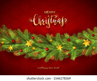 Decorations on red background. Golden stars, balls, fir tree branches with lettering Merry Christmas and Happy New Year. Illustration can be used for holiday design, cards, invitations and banners.
