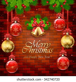Decorations with red and gold Christmas balls, bells with red bow, holly berry, and fir tree branches on a brick wall background, illustration.