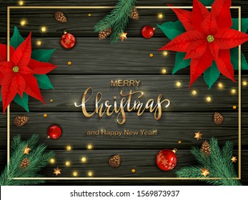 Decorations with red poinsettia, Christmas lights, balls, fir tree branches and pine cones on black wooden background. Illustration can be used for holiday design, cards, invitations and banners.