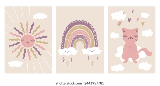 Decorations in Scandinavian style. Sun, rainbow, cat sitting on a cloud. Cartoon childish design for nursery, kids room, baby shower. Vector illustration