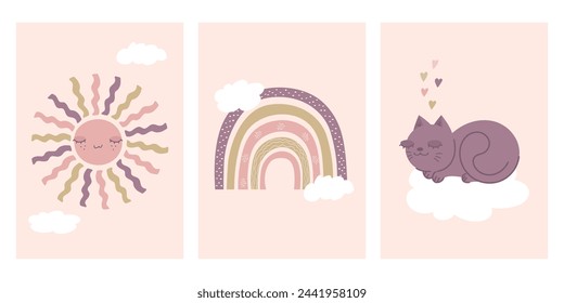 Decorations in Scandinavian style. Sun, rainbow, cat and clouds. Cartoon childish design for nursery, kids room, baby shower. Vector illustration