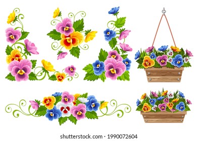 Decoraciones decoradas con el color marrón. Pansy colorido con hojas en la maceta de flores de madera, paradas y colgadas. Viñeta, adorno, decoración de esquina. Ilustración vectorial.