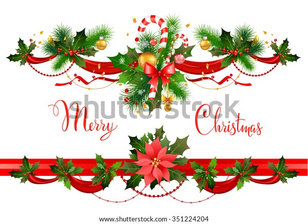 Decorations with\
spruce tree and poinsettia. Christmas decorations for design card,\
banner,ticket, leaflet and so\
on.