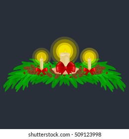 decorations such as candles on the branches of spruce beautifully decorated with bows and ribbons. Merry Christmas and Happy New Year vector illustration illuminated by candle light