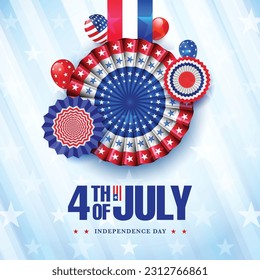 Decorations of vibrant red white and blue paper fans, and balloons, isolated on blue background for the 4th of July, holiday celebrations. United states independence day.