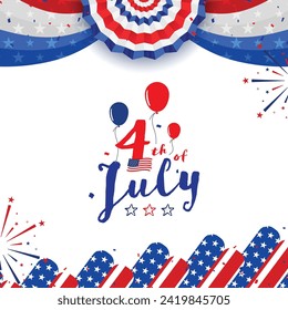 Decorations of vibrant red white and blue paper fans, ribbon, and confetti isolated on white background for the 4th of July, holiday celebrations. Independence day greeting, poster, banner, template.