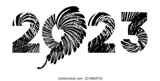 Decorative 2023 calendar header. Unusual experimental paint brush strokes number design. Christmas celebration. Vector Lettering and Typography for trendy poster, banner or logo text design.