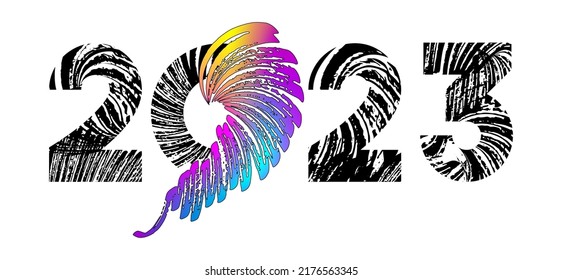 Decorative 2023 calendar header. Unusual experimental paint brush strokes number design. Christmas celebration. Vector Lettering and Typography for trendy poster, banner or logo text design.