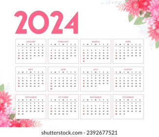 decorative 2024 english calendar template a printable design vector