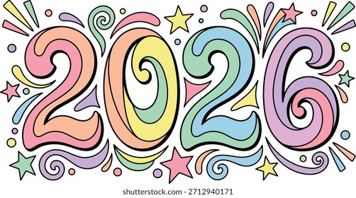 Decorative 2026 Typography Vector – Colorful Pastel Swirl Numbers Illustration