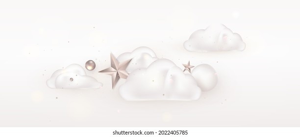 Decorative 3d clouds, heaven on a white horizontal background. Cute cover for invitations, holidays greeting card.Vector 