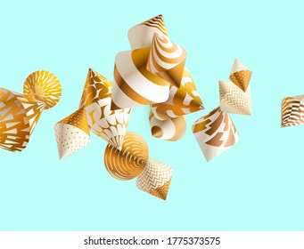 Decorative 3D golden cones on bright background