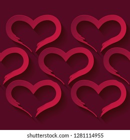 Decorative 3D red hearts on red background with shadow. Seamless pattern. Valentine's day. Vector illustration. Can be used for wallpaper, textile, invitation card, web page background.