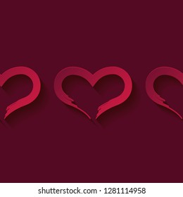 Decorative 3D red hearts on red background with shadow. Seamless pattern. Valentine's day. Vector illustration. Can be used for wallpaper, textile, invitation card, web page background.
