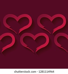 Decorative 3D red hearts on red background with shadow. Seamless pattern. Valentine's day. Vector illustration. Can be used for wallpaper, textile, invitation card, web page background.