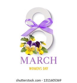 Decorative 8 number with spring flowers and purple bow for Womens day decor. 8 march. Vector illustration