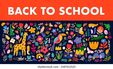 Decorative abstract advertising horizontal banner with flowers, giraffe, toucan, colorful doodles and shapes. Back to school