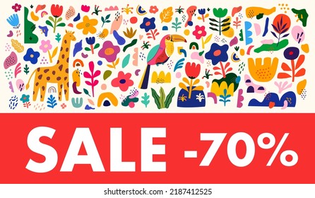 Decorative abstract advertising horizontal banner with flowers, giraffe, toucan, colorful doodles and shapes. Sale banner 