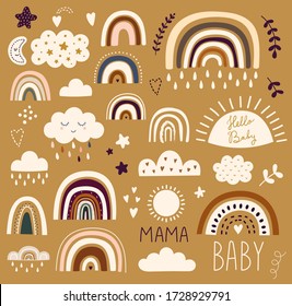 Decorative abstract art collection with modern rainbows. Hand-drawn modern illustration. Baby trendy decorative collection