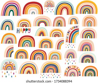 Decorative abstract art collection with modern rainbows. Hand-drawn modern illustration. Baby trendy decorative collection