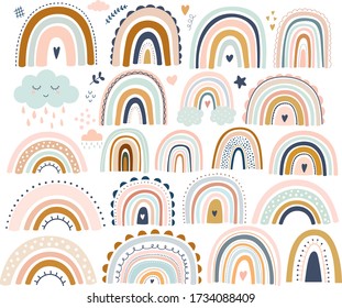 Decorative abstract art collection with modern rainbows. Hand-drawn modern illustration. Baby trendy decorative collection