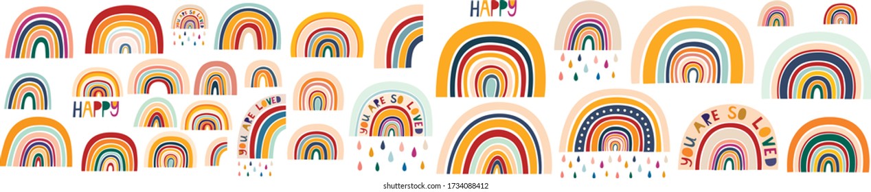 Decorative abstract art collection with modern rainbows. Hand-drawn modern illustration. Baby trendy decorative collection