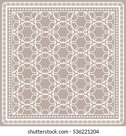 Decorative abstract artistic background, geometric floral lace pattern with ornate frame, ethnic ornament. Bandanna shawl fabric print, silk neck scarf, kerchief design. Vector fashion illustration