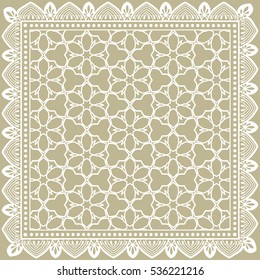 Decorative abstract artistic background, geometric floral lace pattern with ornate frame, ethnic ornament. Bandanna shawl fabric print, silk neck scarf, kerchief design. Vector fashion illustration