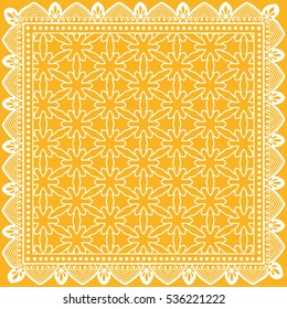 Decorative abstract artistic background, geometric floral lace pattern with ornate frame, ethnic ornament. Bandanna shawl fabric print, silk neck scarf, kerchief design. Vector fashion illustration