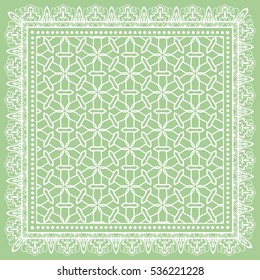 Decorative abstract artistic background, geometric floral lace pattern with ornate frame, ethnic ornament. Bandanna shawl fabric print, silk neck scarf, kerchief design. Vector fashion illustration