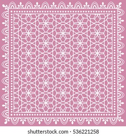 Decorative abstract artistic background, geometric floral lace pattern with ornate frame, ethnic ornament. Bandanna shawl fabric print, silk neck scarf, kerchief design. Vector fashion illustration
