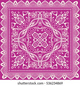 Decorative abstract artistic background, geometric floral lace pattern with ornate frame, ethnic ornament. Bandanna shawl fabric print, silk neck scarf, kerchief design. Vector fashion illustration