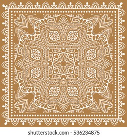 Decorative abstract artistic background, geometric floral lace pattern with ornate frame, ethnic ornament. Bandanna shawl fabric print, silk neck scarf, kerchief design. Vector fashion illustration