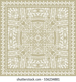Decorative abstract artistic background, geometric floral lace pattern with ornate frame, ethnic ornament. Bandanna shawl fabric print, silk neck scarf, kerchief design. Vector fashion illustration