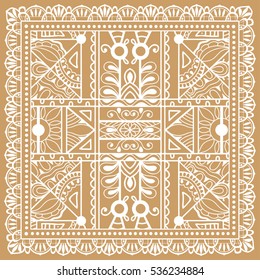 Decorative abstract artistic background, geometric floral lace pattern with ornate frame, ethnic ornament. Bandanna shawl fabric print, silk neck scarf, kerchief design. Vector fashion illustration
