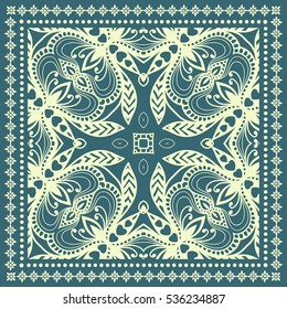 Decorative abstract artistic background, geometric floral lace pattern with ornate frame, ethnic ornament. Bandanna shawl fabric print, silk neck scarf, kerchief design. Vector fashion illustration
