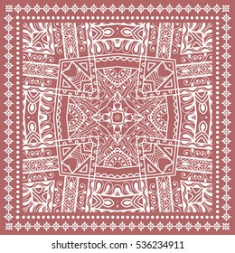 Decorative abstract artistic background, geometric floral lace pattern with ornate frame, ethnic ornament. Bandanna shawl fabric print, silk neck scarf, kerchief design. Vector fashion illustration