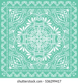 Decorative abstract artistic background, geometric floral lace pattern with ornate frame, ethnic ornament. Bandanna shawl fabric print, silk neck scarf, kerchief design. Vector fashion illustration