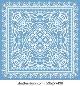 Decorative abstract artistic background, geometric floral lace pattern with ornate frame, ethnic ornament. Bandanna shawl fabric print, silk neck scarf, kerchief design. Vector fashion illustration