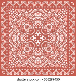 Decorative abstract artistic background, geometric floral lace pattern with ornate frame, ethnic ornament. Bandanna shawl fabric print, silk neck scarf, kerchief design. Vector fashion illustration