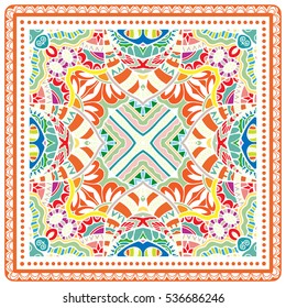 Decorative abstract artistic background, geometric floral lace pattern with ornate frame, ethnic ornament. Bandanna shawl fabric print, silk neck scarf, kerchief design. Vector fashion illustration