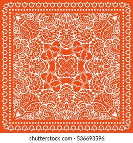 Decorative abstract artistic background, geometric floral lace pattern with ornate frame, ethnic ornament. Bandanna shawl fabric print, silk neck scarf, kerchief design. Vector fashion illustration