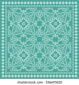 Decorative abstract artistic background, geometric floral lace pattern with ornate frame, ethnic ornament. Bandanna shawl fabric print, silk neck scarf, kerchief design. Vector fashion illustration