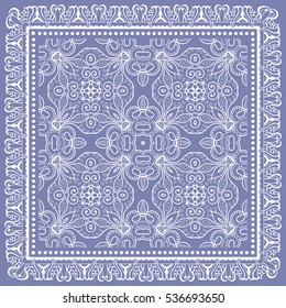 Decorative abstract artistic background, geometric floral lace pattern with ornate frame, ethnic ornament. Bandanna shawl fabric print, silk neck scarf, kerchief design. Vector fashion illustration