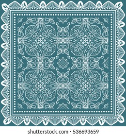 Decorative abstract artistic background, geometric floral lace pattern with ornate frame, ethnic ornament. Bandanna shawl fabric print, silk neck scarf, kerchief design. Vector fashion illustration