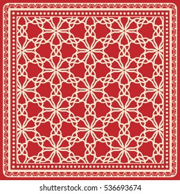 Decorative abstract artistic background, geometric floral lace pattern with ornate frame, ethnic ornament. Bandanna shawl fabric print, silk neck scarf, kerchief design. Vector fashion illustration