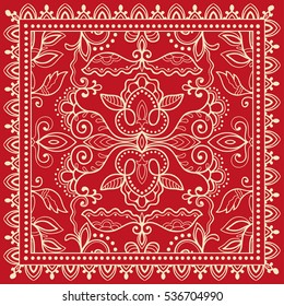 Decorative abstract artistic background, geometric floral lace pattern with ornate frame, ethnic ornament. Bandanna shawl fabric print, silk neck scarf, kerchief design. Vector fashion illustration