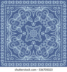 Decorative abstract artistic background, geometric floral lace pattern with ornate frame, ethnic ornament. Bandanna shawl fabric print, silk neck scarf, kerchief design. Vector fashion illustration