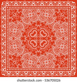 Decorative abstract artistic background, geometric floral lace pattern with ornate frame, ethnic ornament. Bandanna shawl fabric print, silk neck scarf, kerchief design. Vector fashion illustration